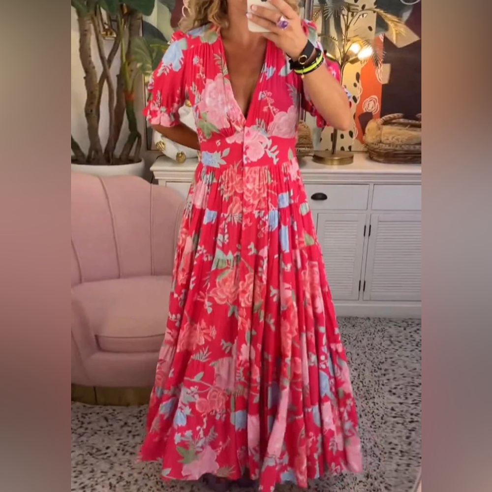 Floral Print V-Neck Pocket Dress